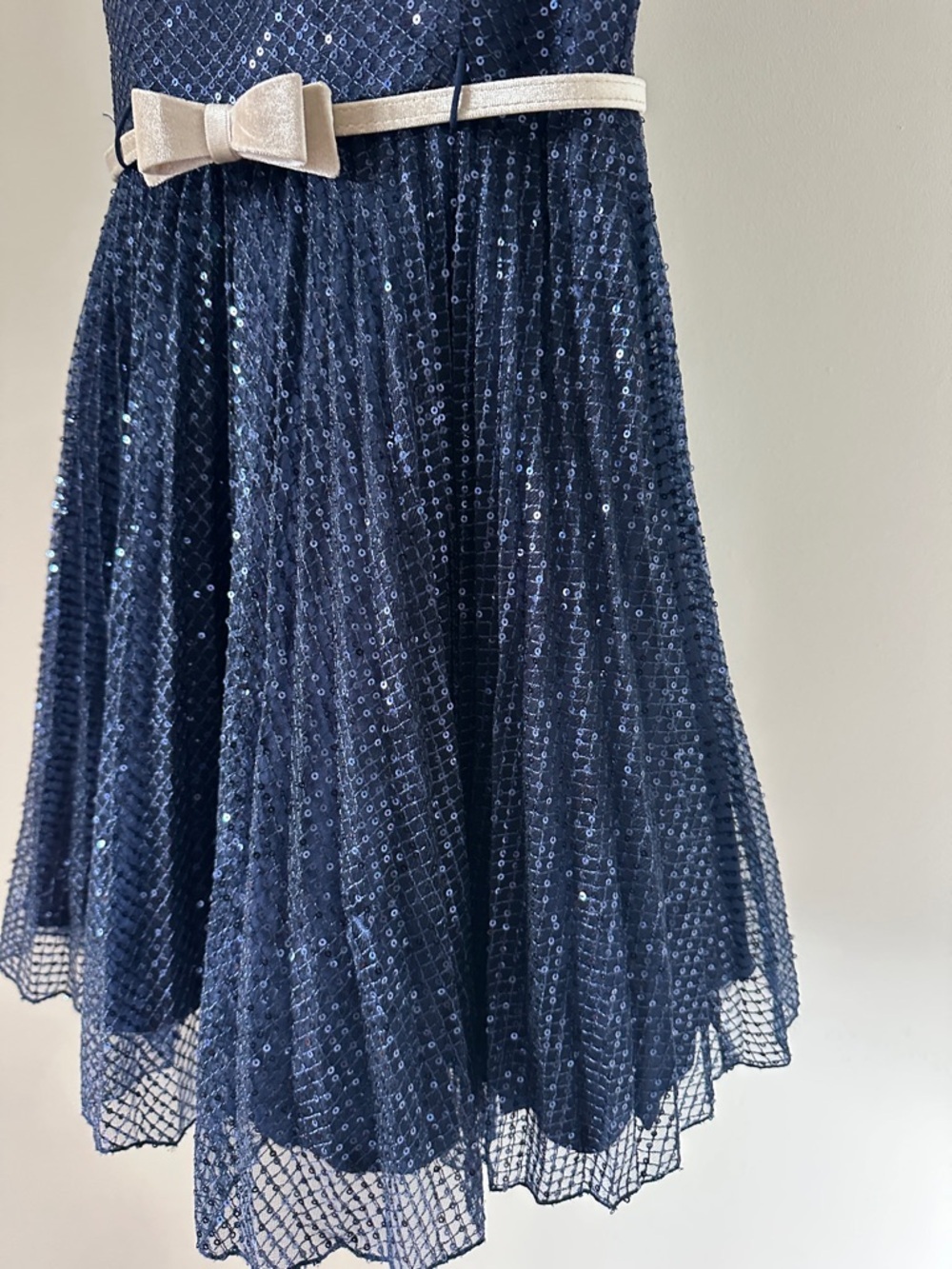 MonnaLisa Navy Blue Sequin Party Dress with Cream velvet Bow Belt - Picture 6 of 10